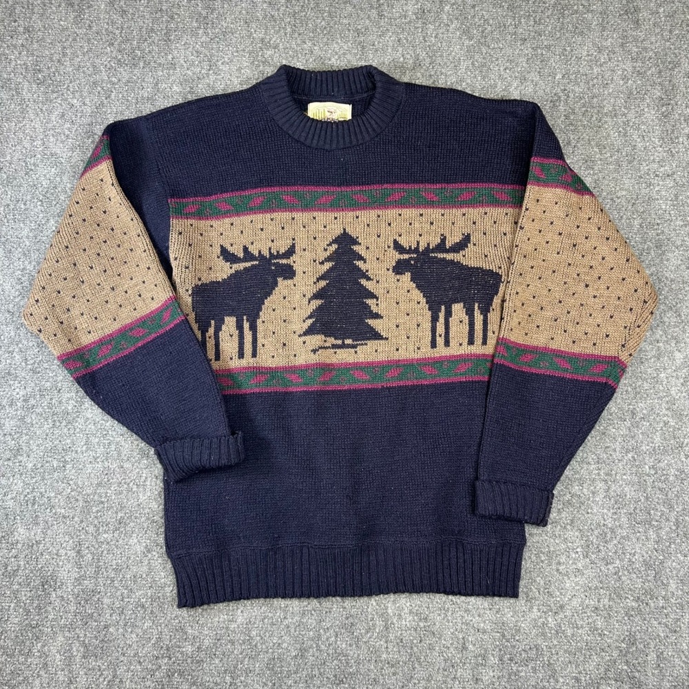 Alps Merrimac Valley Mens Medium Wool Moose Tree Knit Sweater Navy Blue Vintage